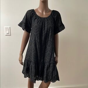 Valentina Naldi Embroidered Eyelet Mini Dress Shortsleeve Cotton Black Small S